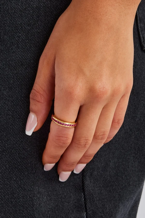 Pink Centre Iced Band Ring - Gold 4mm