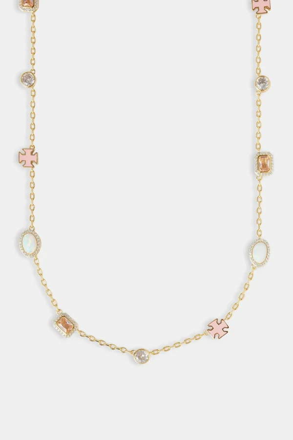 Pink Enamel Cross & Gemstone Rolo Necklace - 10mm