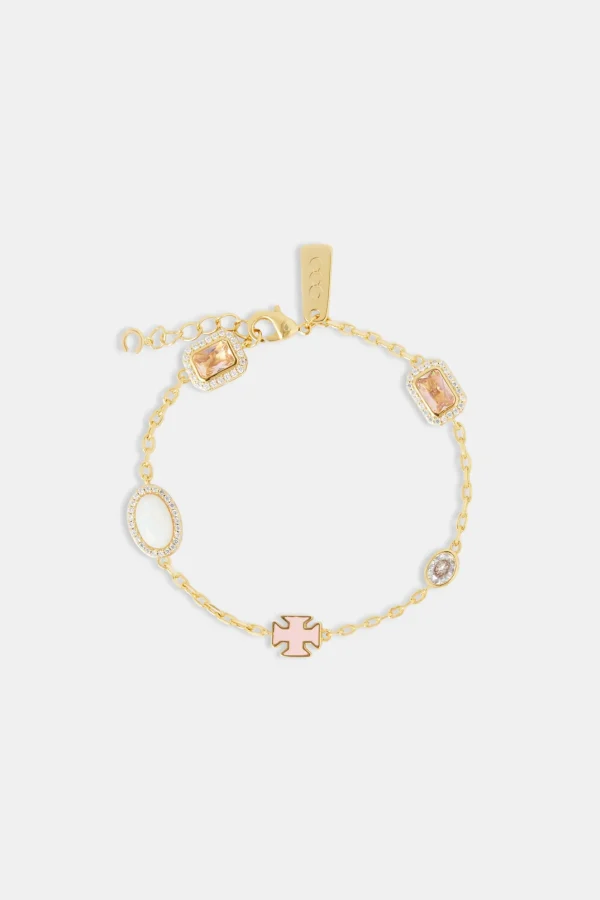 Pink Enamel Cross & Gemstone Rolo Bracelet - 10mm