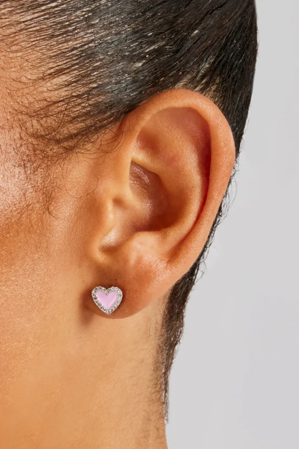 Pink Enamel Heart Stud Earrings - 6mm