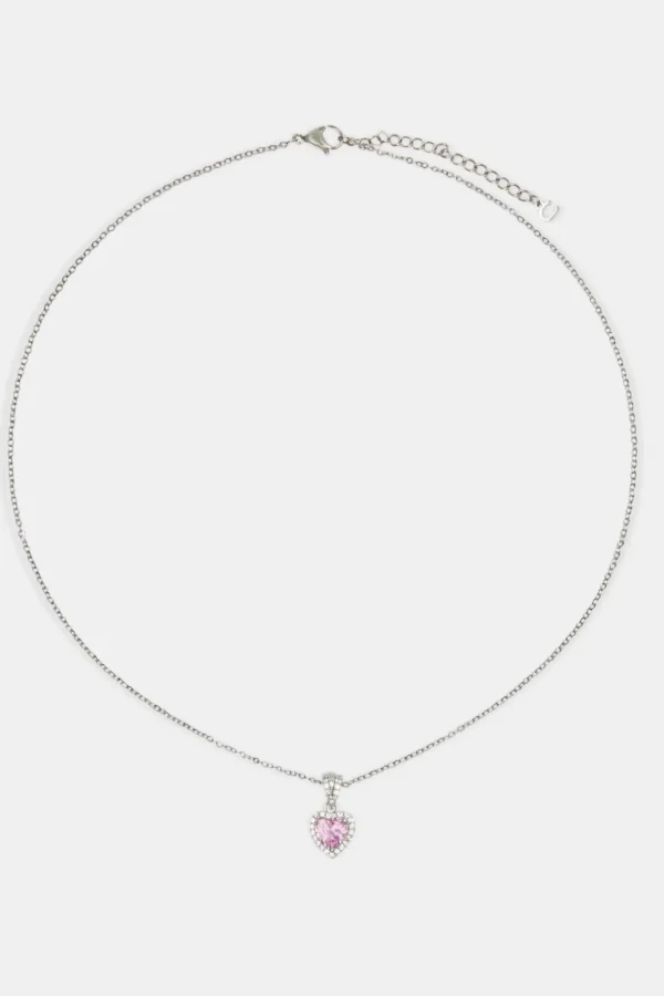 Pink Heart Bezel Necklace - White