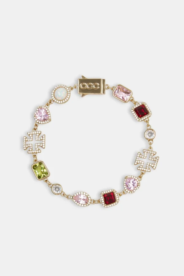 Pink Heart Multi Gem Bracelet - Gold