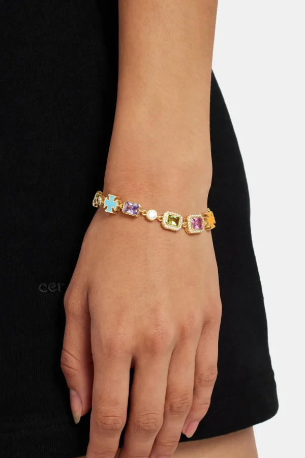 Pink Multi Gemstone Motif Bracelet - Gold