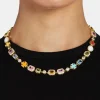 Pink Multi Gemstone Motif Necklace - Gold