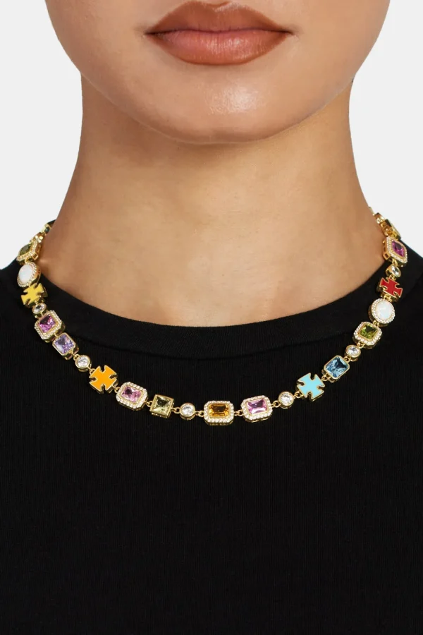 Pink Multi Gemstone Motif Necklace - Gold