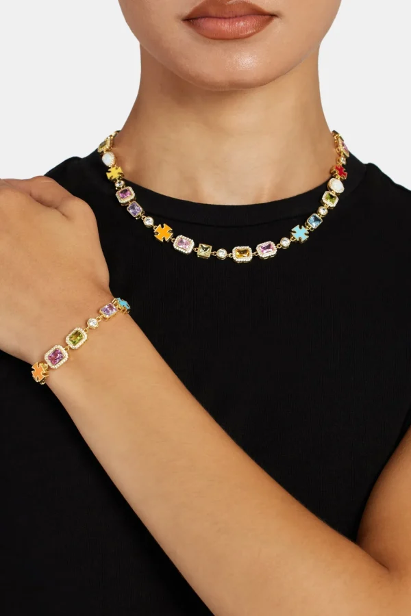 Pink Multi Gemstone Motif Necklace & Bracelet - Gold