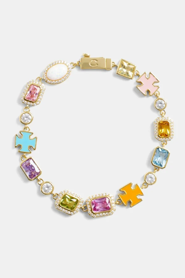 Pink Multi Gemstone Motif Bracelet - Gold