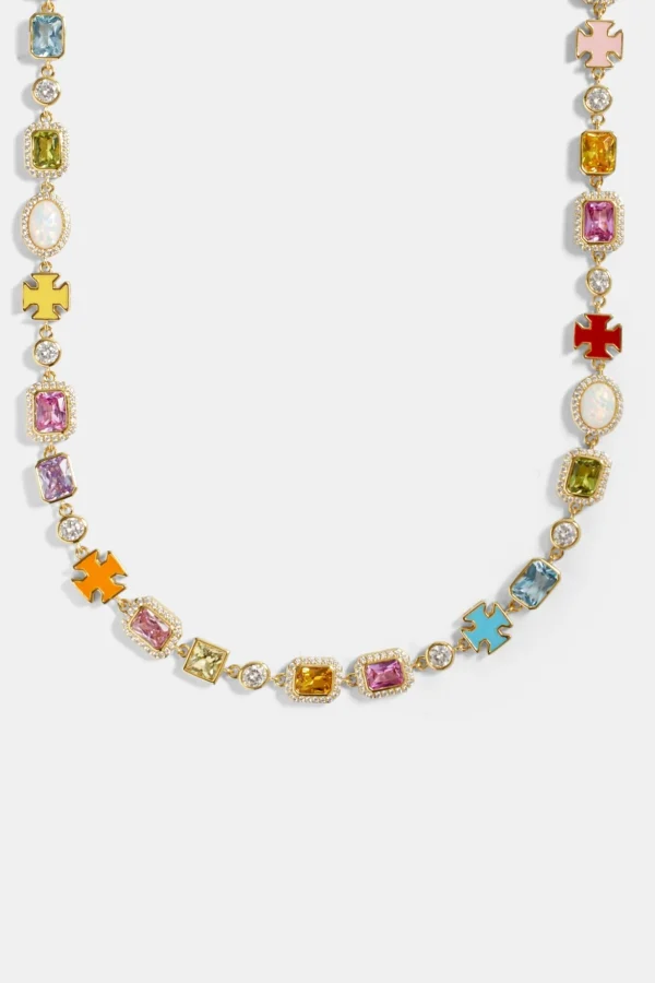 Pink Multi Gemstone Motif Necklace - Gold