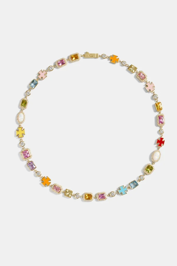 Pink Multi Gemstone Motif Necklace - Gold