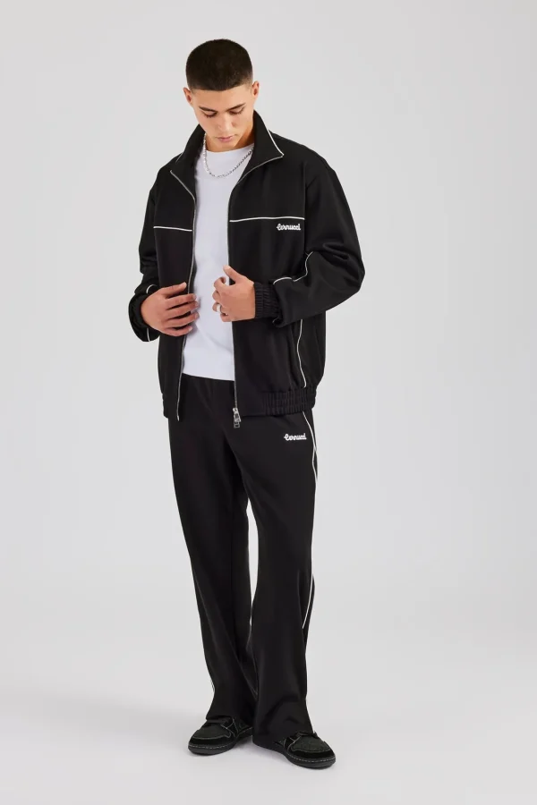 Piping Zip Through Jacket & Trouser - Black