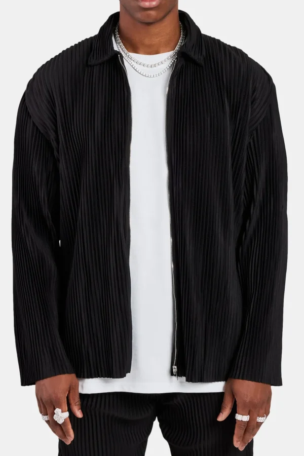 Pleated Collared Jacket  - Black