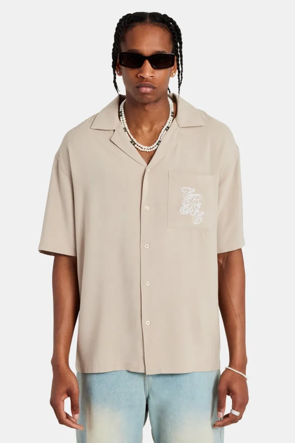 Pocket Embroidered Bowling Shirt - Taupe