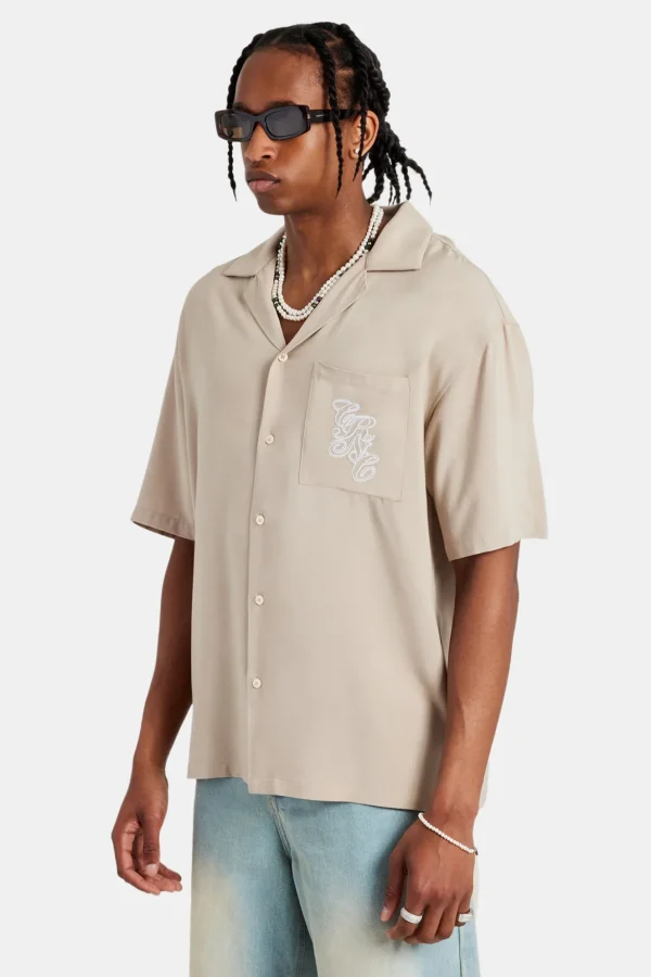 Pocket Embroidered Bowling Shirt - Taupe