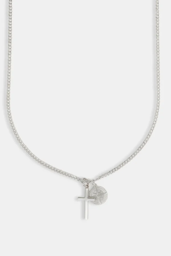 Polished Cross & Compass Layered Necklace - 15mm - White