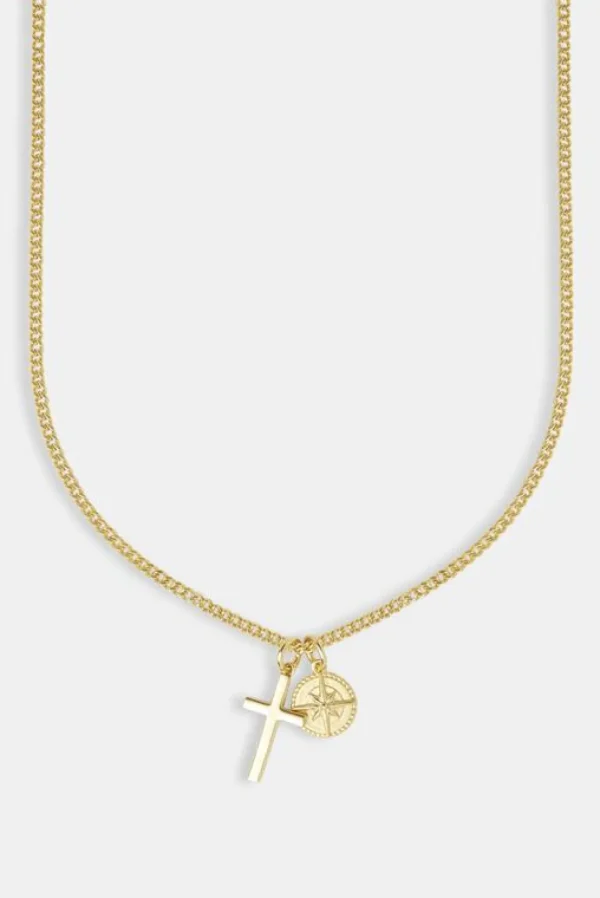 Polished Cross & Compass Layered Necklace - 15mm - Gold