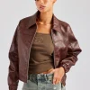 PU Embroidered Harrington Jacket - Brown