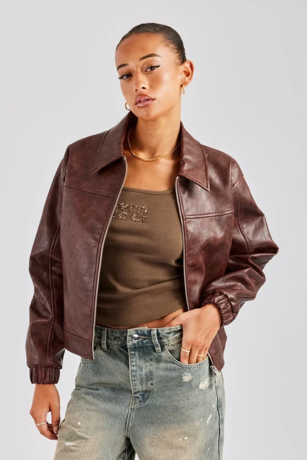 PU Embroidered Harrington Jacket - Brown