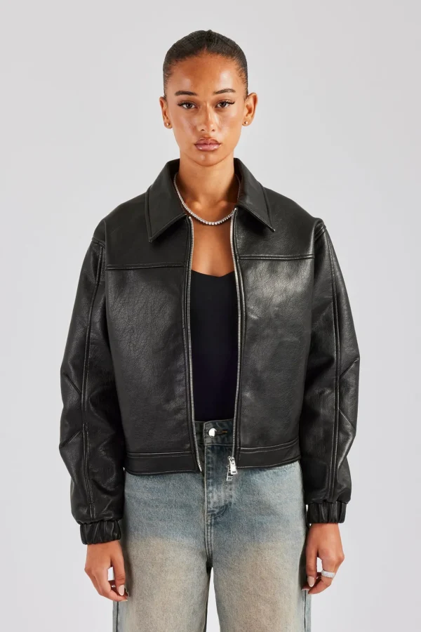 PU Embroidered Harrington Jacket - Black