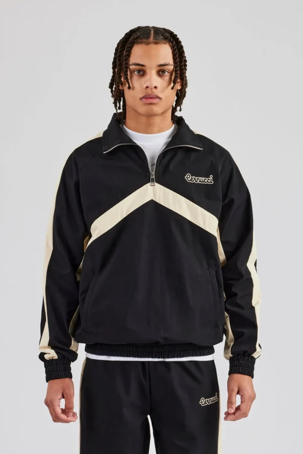 Quarter Zip Nylon Contrast Stripe Jacket - Black