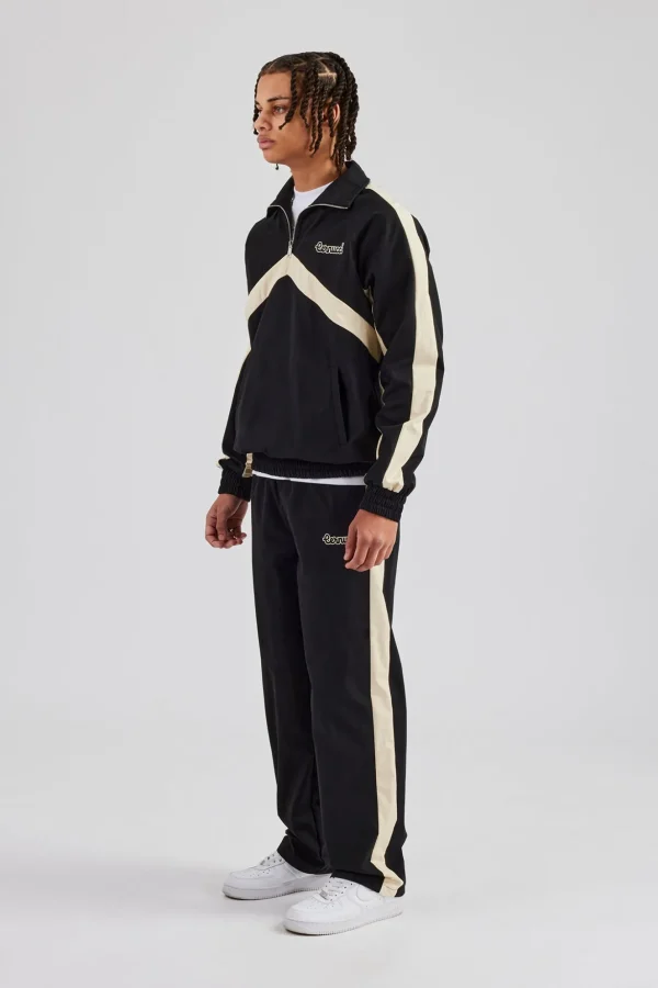 Quarter Zip Nylon Contrast Stripe Jacket & Straight Leg Jogger - Black