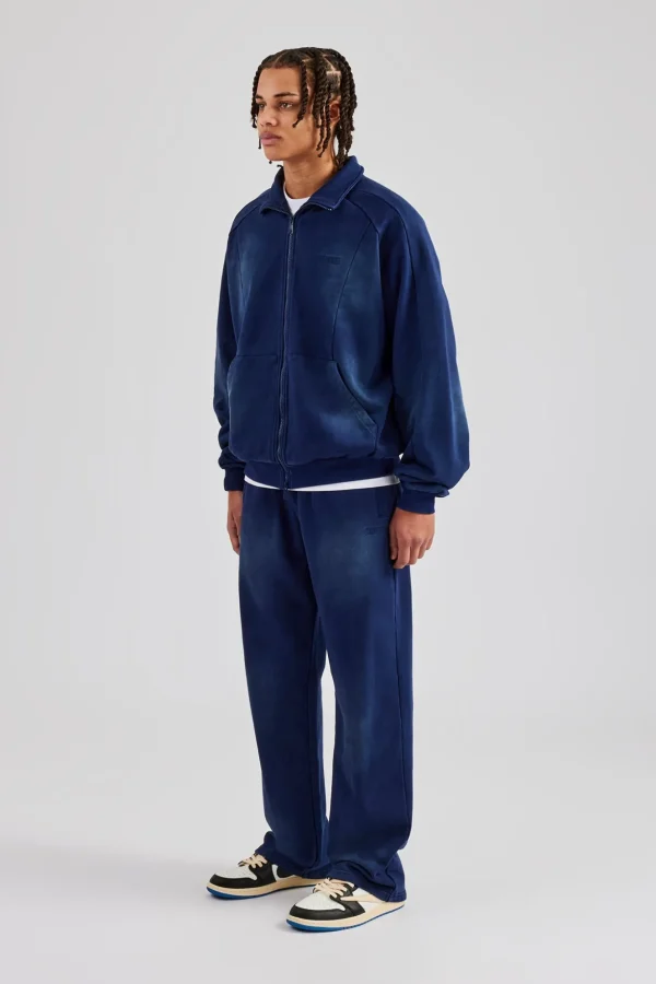 Raglan Seam Detail Zip Through Hoodie & Straight Leg Jogger - Navy Blue