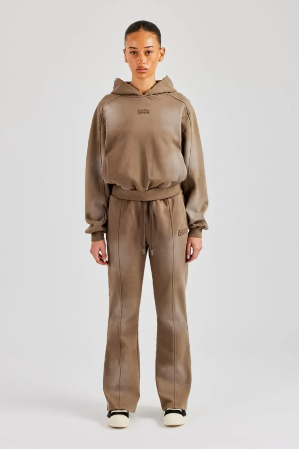 Raglan Washed Cropped Hoodie & Flare Trouser - Washed Taupe