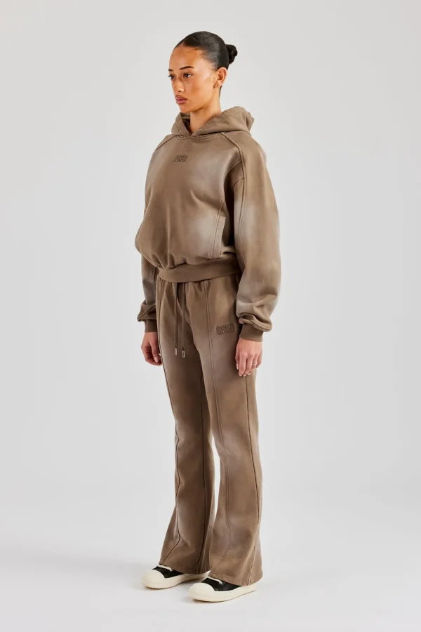 Raglan Washed Cropped Hoodie & Flare Trouser - Washed Taupe