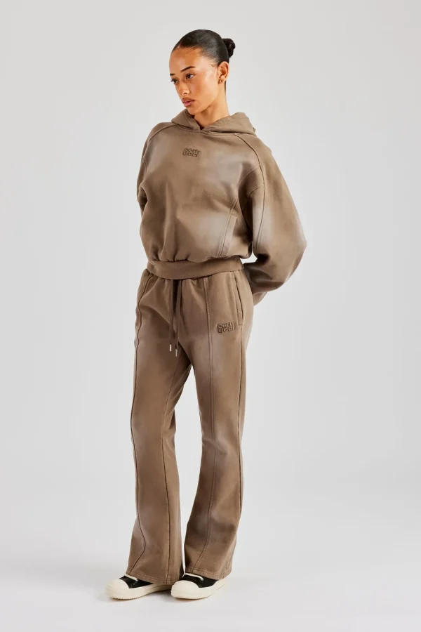 Raglan Washed Cropped Hoodie & Flare Trouser - Washed Taupe