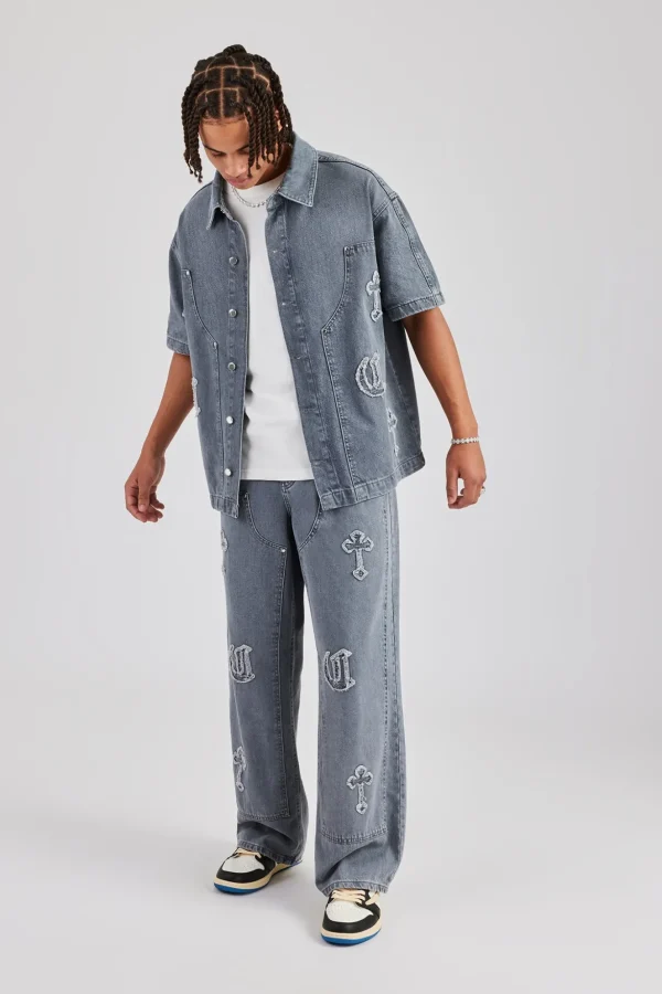 Raw Edge Applique Carpenter Denim Shirt & Jeans - Washed Grey