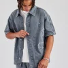 Raw Edge Applique Carpenter Denim Shirt - Washed Grey