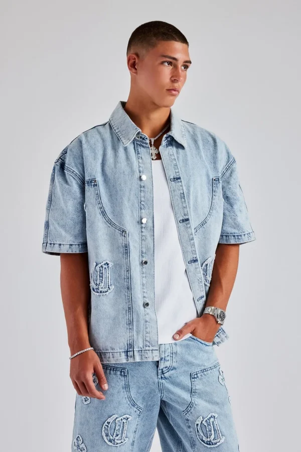 Raw Edge Applique Carpenter Denim Shirt - Ice Blue