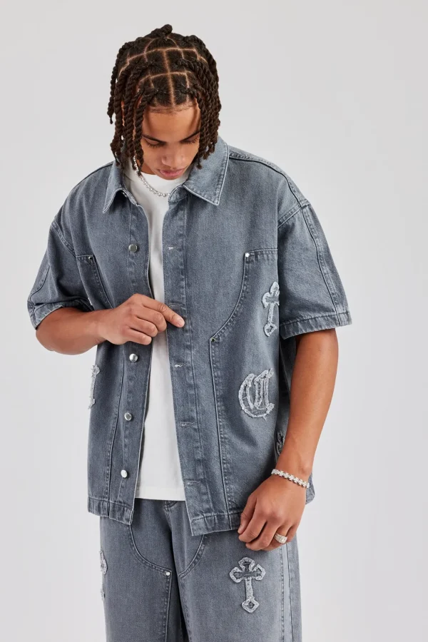 Raw Edge Applique Carpenter Denim Shirt - Washed Grey