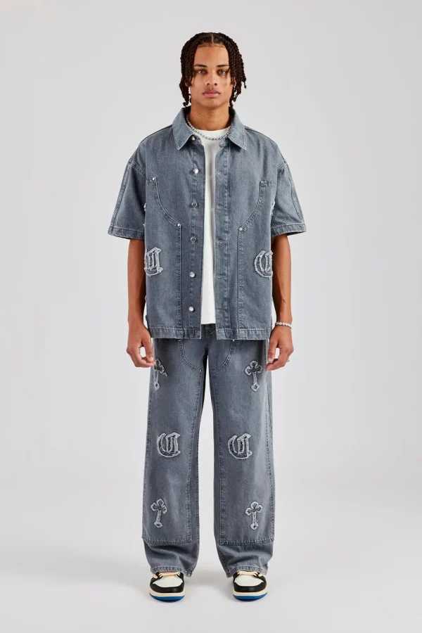 Raw Edge Applique Carpenter Denim Shirt & Jeans - Washed Grey