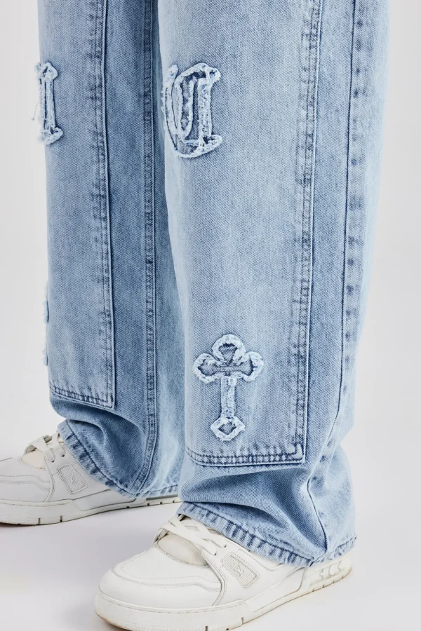 Raw Edge Applique Carpenter Denim Jeans - Light Blue