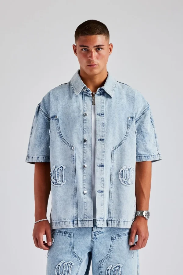 Raw Edge Applique Carpenter Denim Shirt - Ice Blue