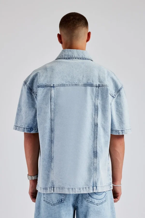 Raw Edge Applique Carpenter Denim Shirt - Ice Blue