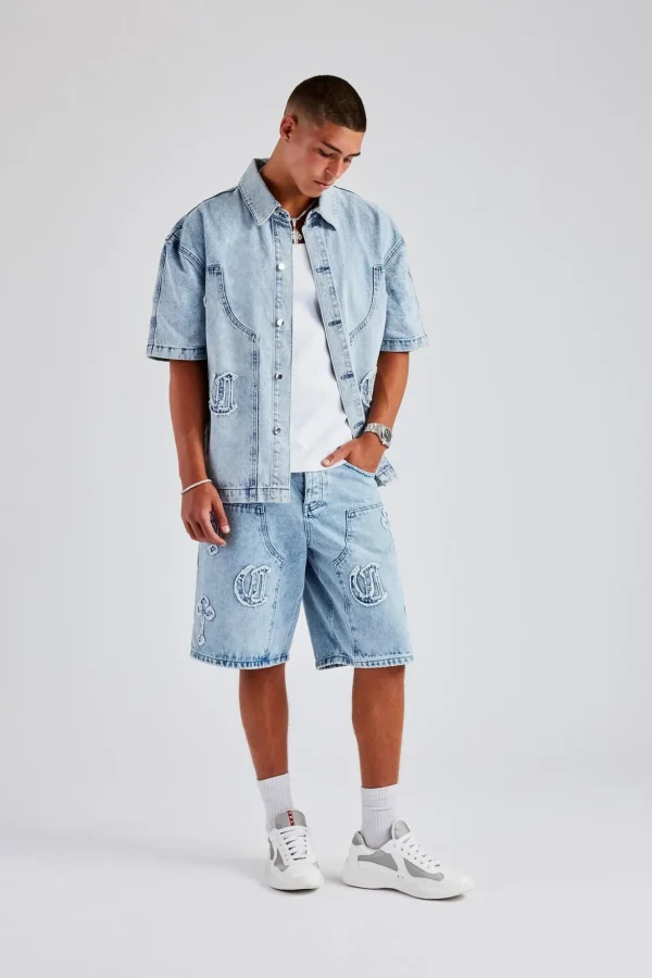 Raw Edge Applique Carpenter Denim Shirt - Ice Blue