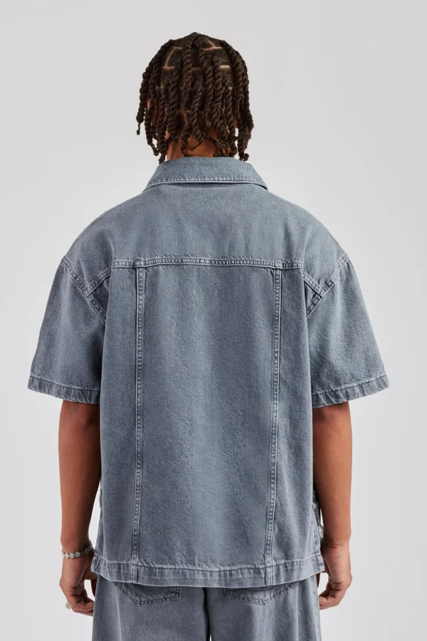 Raw Edge Applique Carpenter Denim Shirt - Washed Grey