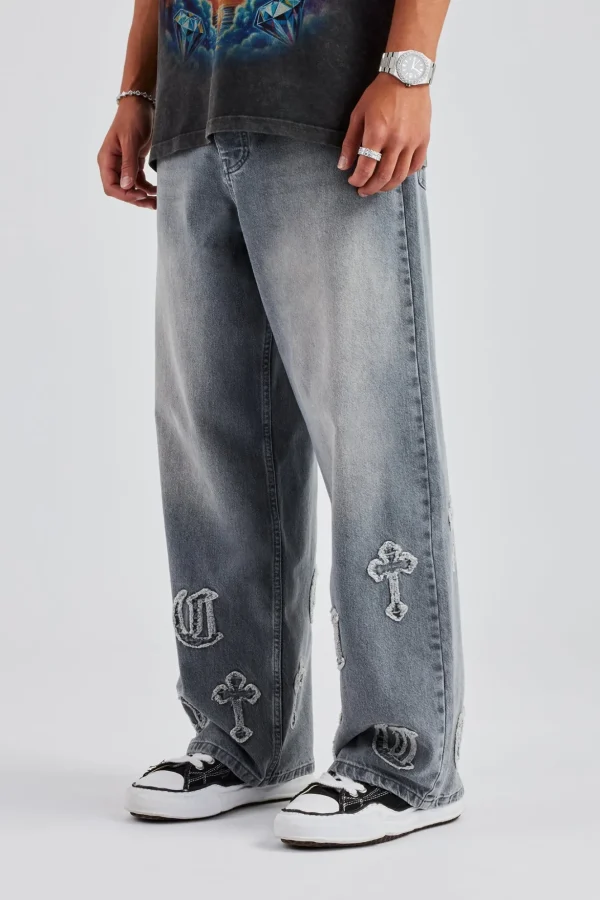 Raw Edge Applique Cross Baggy Jean - Grey Wash