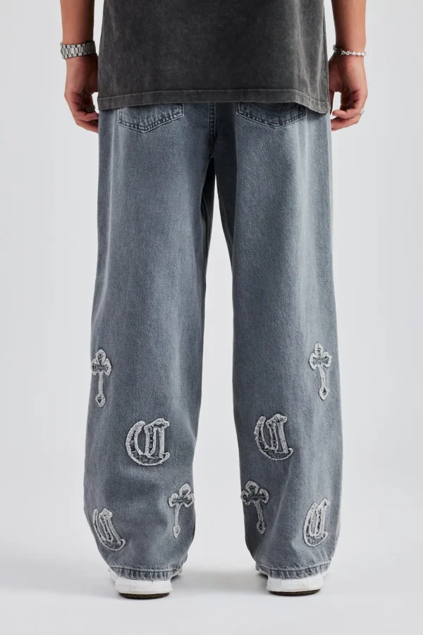 Raw Edge Applique Cross Baggy Jean - Grey Wash