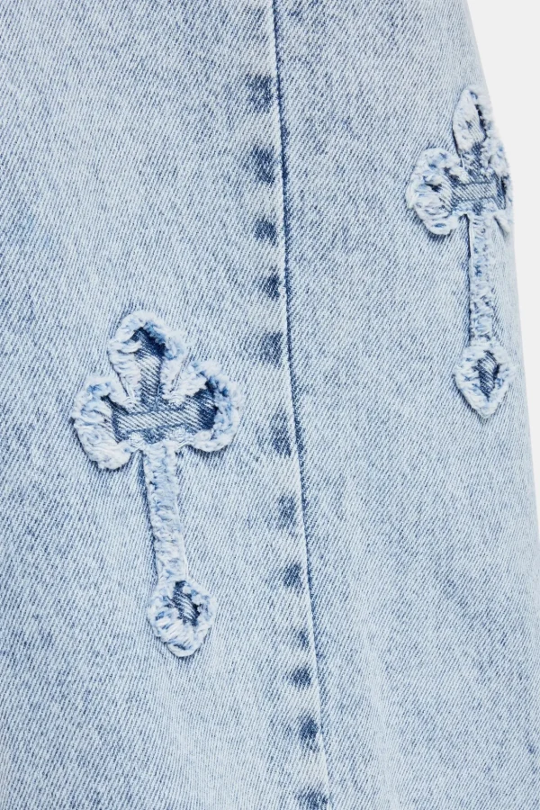 Raw Edge Applique Cross Baggy Jean - Light Blue