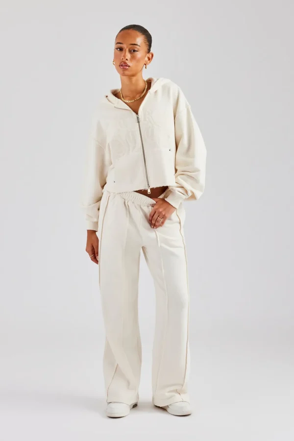 Raw Edge Zip Through Hoodie and Jogger Set - Off White