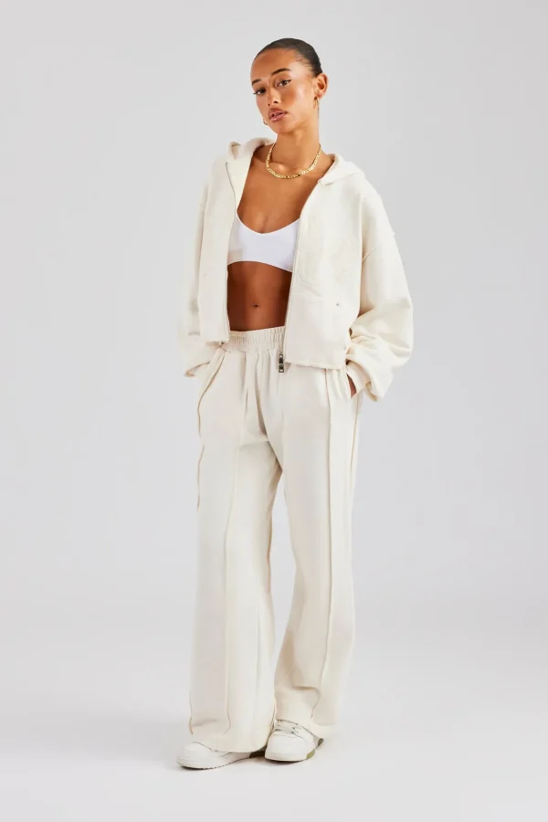 Raw Edge Zip Through Hoodie and Jogger Set - Off White