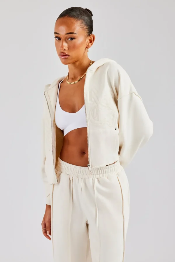 Raw Edge Zip Through Hoodie - Off White