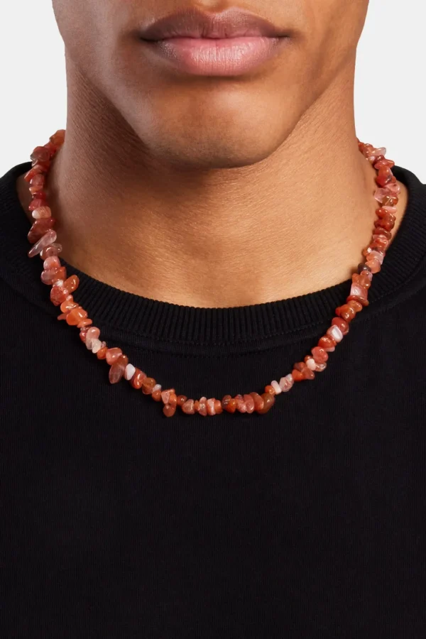 Red Agate Bead Necklace - White 8mm