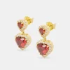 Red Double Heart Drop Earrings - Gold