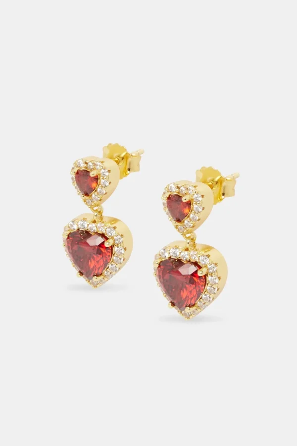 Red Double Heart Drop Earrings - Gold