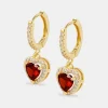 Red Heart Drop Earrings - Gold