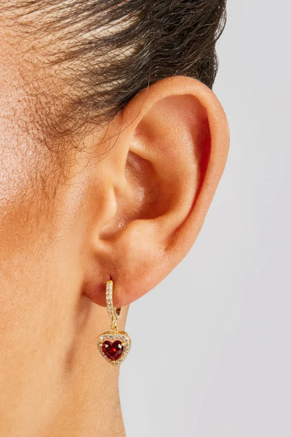 Red Heart Drop Earrings - Gold