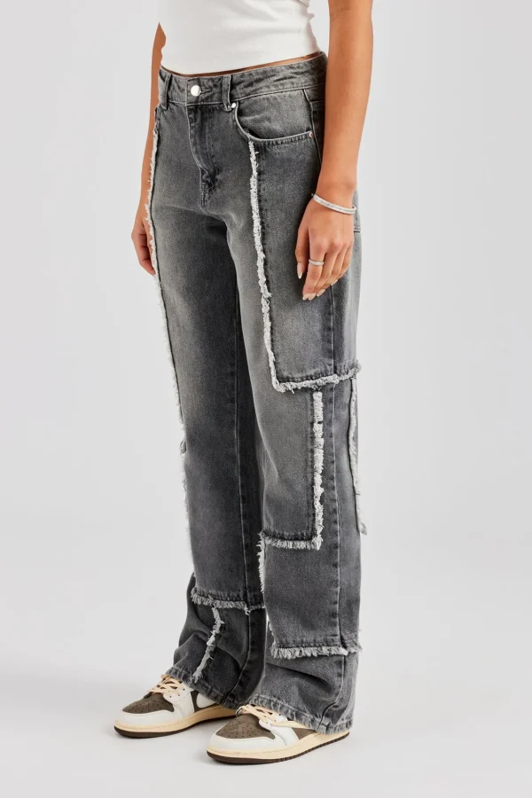 Relaxed Raw Edge Detail Jeans - Washed Grey